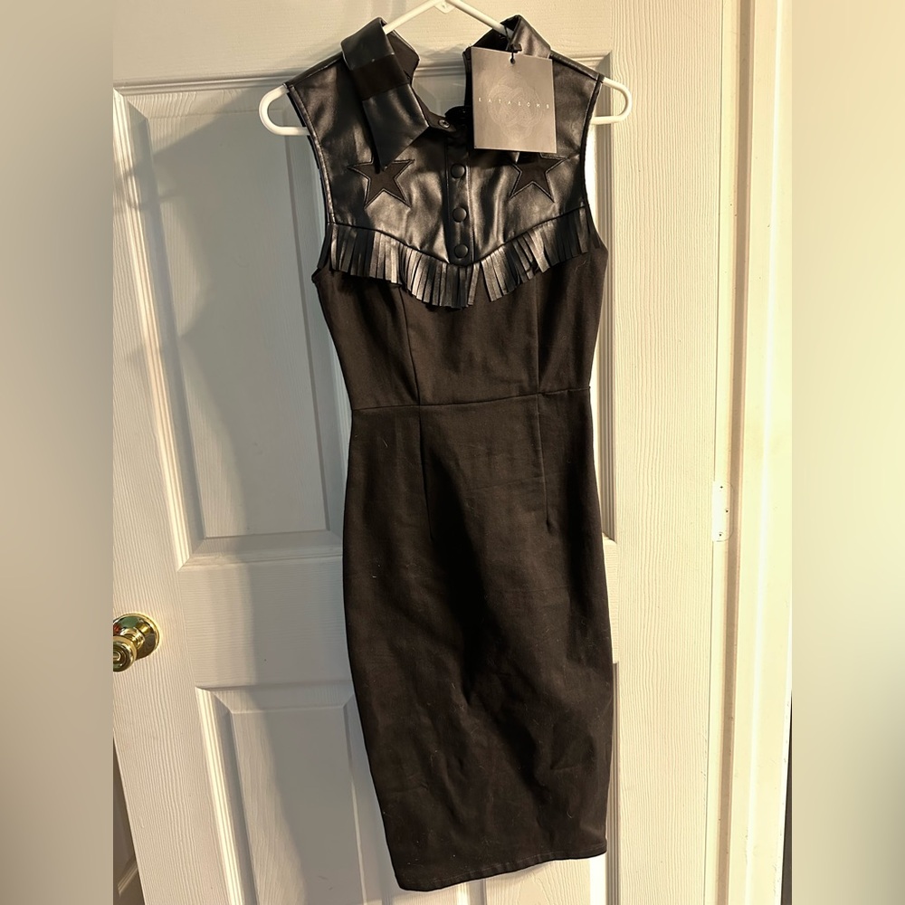 Katakomb faux leather stretch denim western dress XS